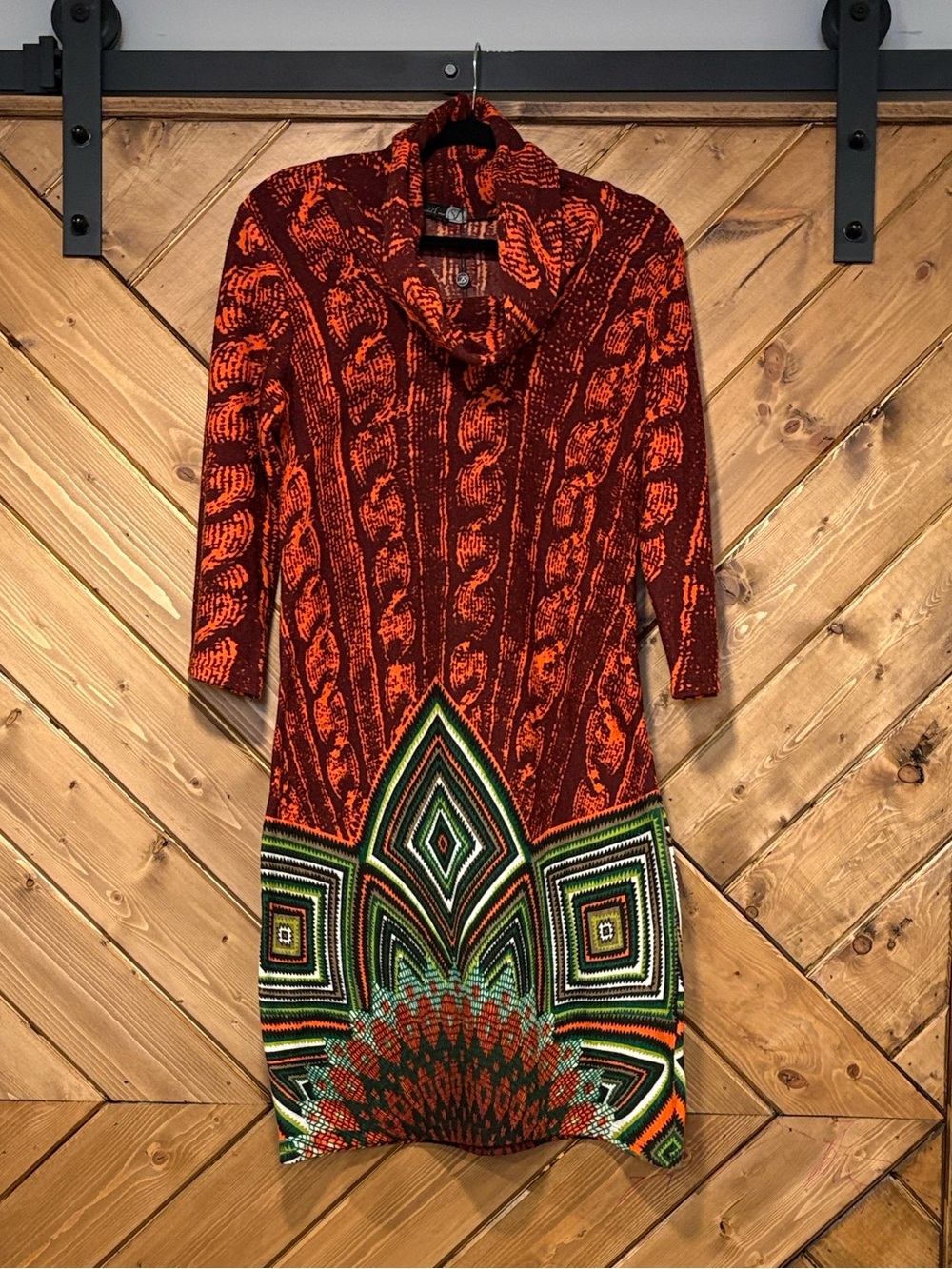 NWT Smashed Lemon Geometric Print Knit Sweater Dress Red Orange Brown Green L